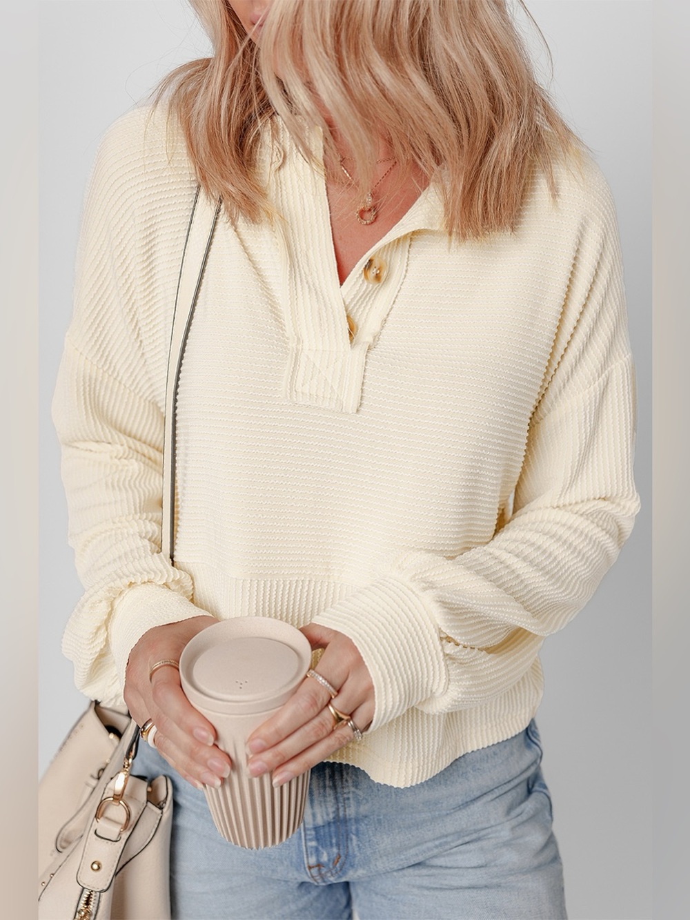 Corded Texture Lantern Sleeve Buttons Henley Sweatsuit